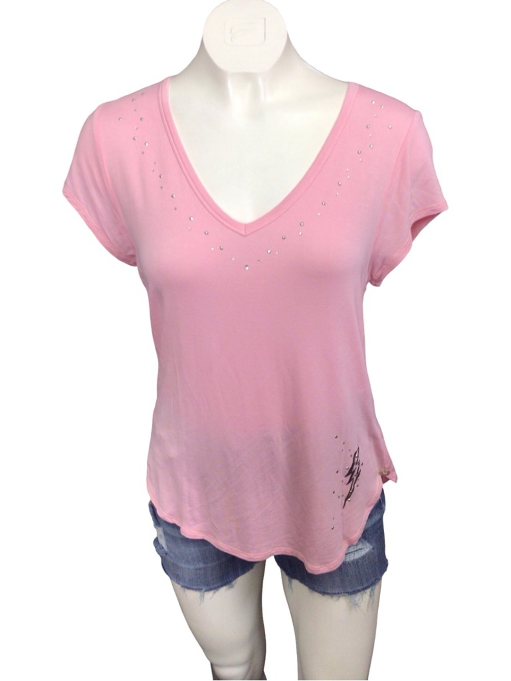 Betsey Johnson Light Pink V-Neck Short Sleeve Tee with Rhinestone Detail